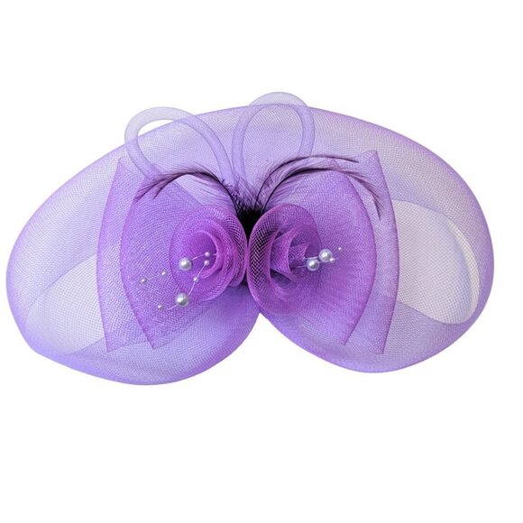 Purple Fascinator Soft Sinamay Crinoline with Loops Bows and Pearl Accents - Picture 3 of 9